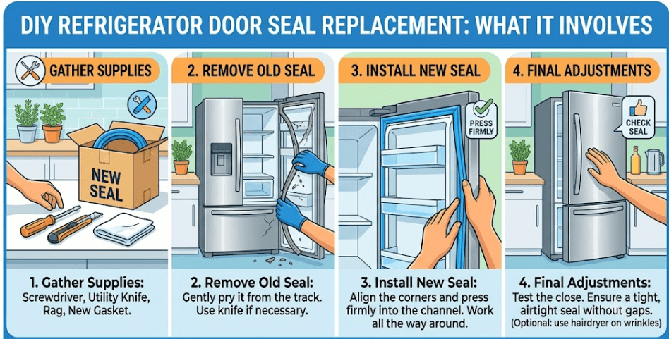Step-by-step infographic showing DIY refrigerator door seal replacement: 1. Gather supplies, 2. Remove old seal, 3. Install new seal, and 4. Final adjustments for an airtight gasket fit.
