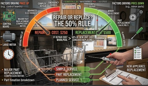 Infographic explaining the 50 percent rule for appliance repair versus replacement in Klamath Falls, showing a $250 repair calculation against a $500 new dishwasher price