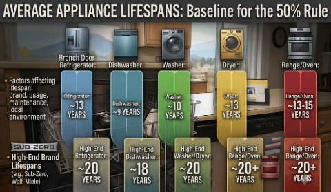 Infographic showing average appliance lifespans: 13 years for refrigerators, 9 years for dishwashers, 10 years for washers, 13 years for dryers, and up to 15 years for ranges. High-end brands like Sub-Zero last around 20 years.