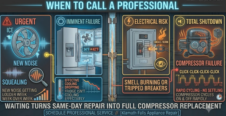 Infographic outlining 4 warning signs to call a refrigerator repair professional in Klamath Falls: worsening noises, dropping cooling performance, burning smells or tripped breakers, and rapid compressor cycling.