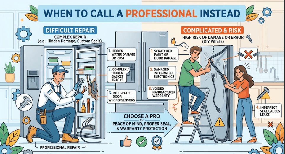 Infographic comparing professional refrigerator door seal replacement versus DIY risks, highlighting complex door wiring, warranty protection, and avoiding door damage.