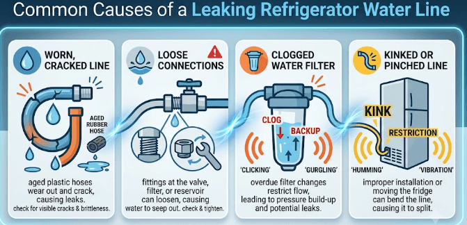 Diagnostic infographic showing four common causes of a leaking refrigerator water line: cracked plastic hoses, loose fitting connections, clogged water filters causing pressure build-up, and kinked supply lines.