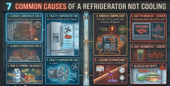 Infographic listing 7 reasons a refrigerator is not cooling, including dirty condenser coils, evaporator fan failure, bad compressor, faulty thermostat, leaking refrigerant, blocked air vents, and bad sensors.