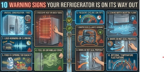 Infographic listing 10 signs a refrigerator is dying, including unusual frost buildup, excessive coils heat, loud humming noises, bad odors, food spoiling quickly, constant compressor running, leaking water, bad door seals, and temperature fluctuations.