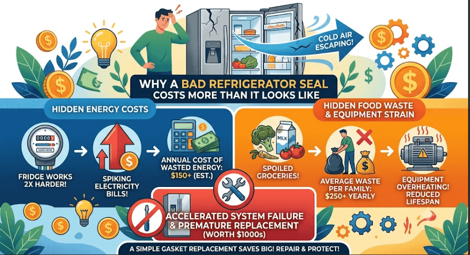 Infographic illustrating the hidden costs of a bad refrigerator seal, including spiking electric bills, food spoilage, compressor strain, and premature fridge replacement.