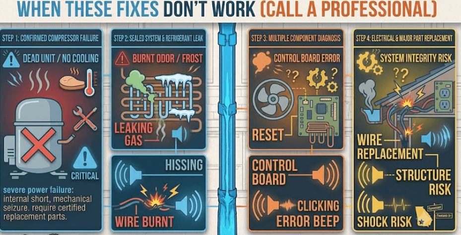 Diagnostic flowchart showing what to do when basic fixes don't work, outlining critical failure stages including confirmed compressor breakdown, sealed system refrigerant leaks, control board failure, and electrical wiring risks requiring professional repair.