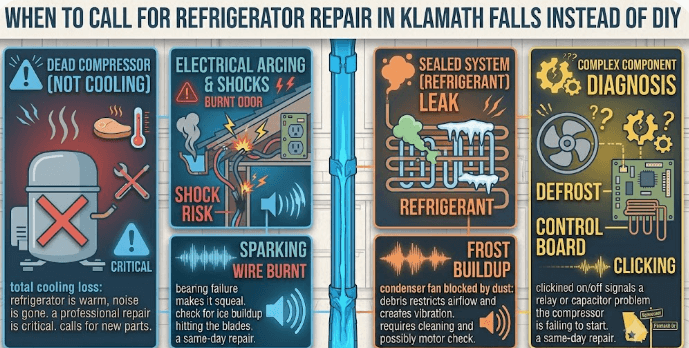 Diagnostic infographic showing when to call a professional for refrigerator repair in Klamath Falls instead of DIY: compressor failure, electrical arcing, sealed system refrigerant leaks, and main control board issues.