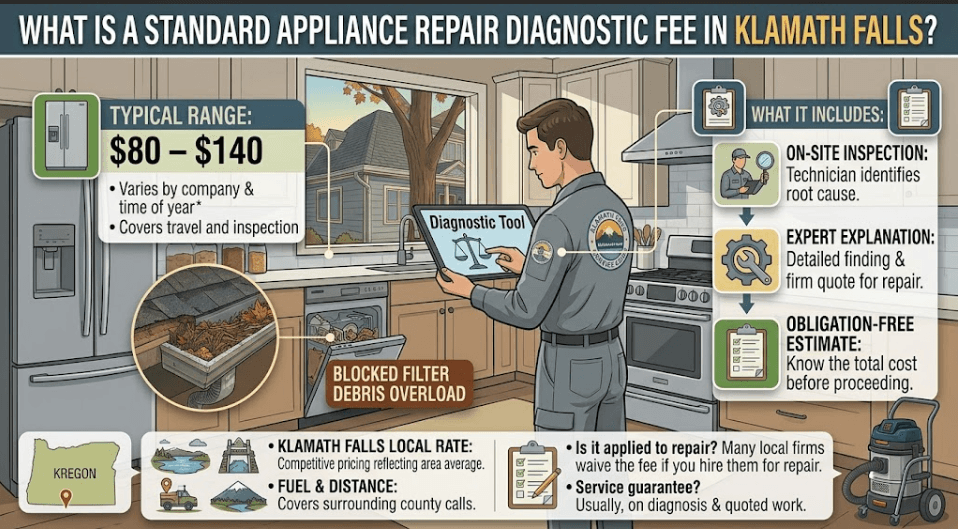 Infographic showing standard appliance repair diagnostic fee ranges in Klamath Falls, OR ($80–$140). Outlines what is included in the service call: on-site inspection, expert root cause explanation, and an obligation-free repair quote.