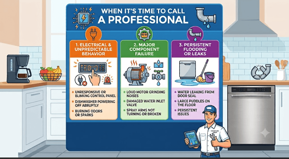 Infographic listing key reasons to hire a professional for KitchenAid dishwasher repair, including control panel electrical failures, motor grinding noise, and persistent leaks.