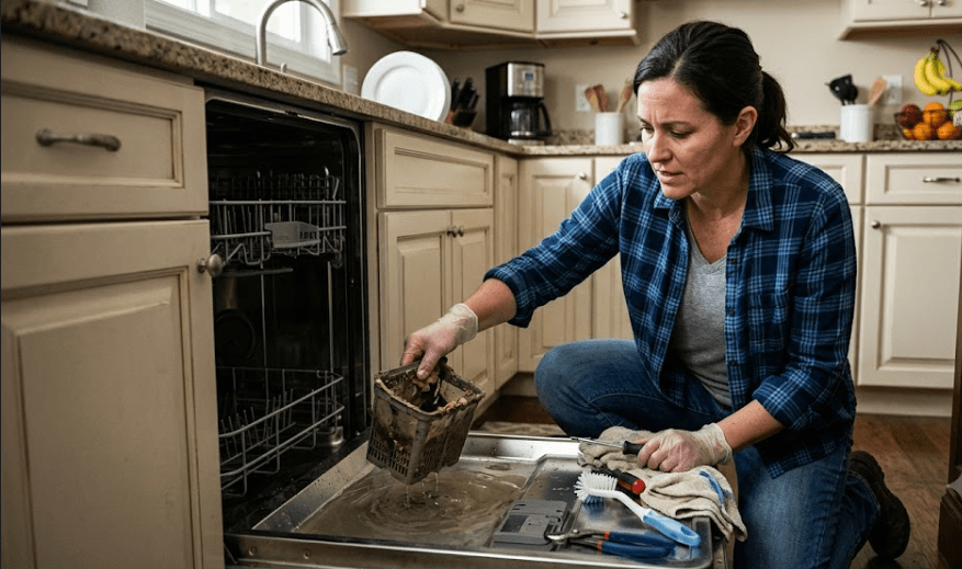 eowner inspecting and pulling out a clogged filter assembly from a KitchenAid dishwasher filled with standing water.