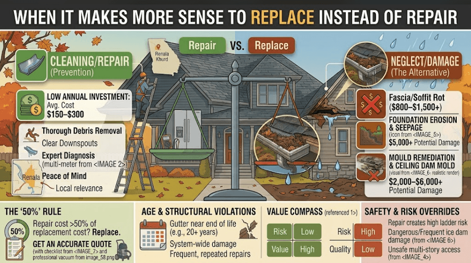 Infographic comparing gutter repair versus replacement. Features include the 50% rule for repair costs, a 'Value Compass' for risk assessment, structural violation triggers like age (20+ years), and safety overrides such as high ladder risks or recurring ice dam damage.