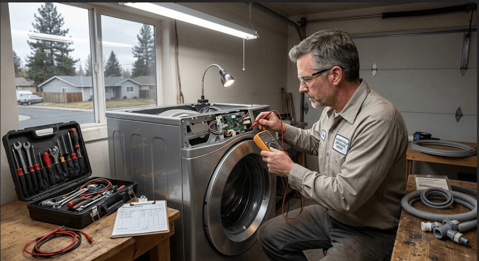 A troubleshooting infographic for Klamath Falls, OR, explaining why washing machines leak, highlighting front-load door boot seals, spin-cycle tub bearing failures, inlet hose valve leaks, and hard water scale buildup.