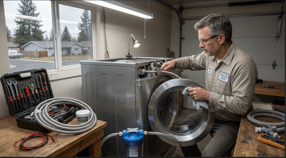 Technician installing braided stainless steel hoses and cleaning the door gasket on a washing machine to prevent leaks.