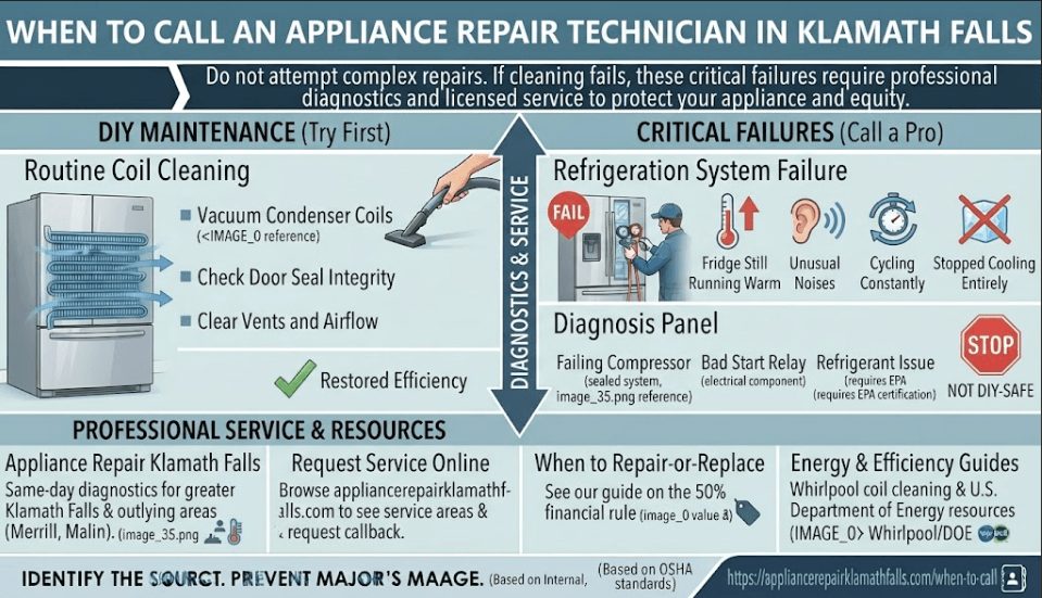 A diagnostic decision-making infographic for Klamath Falls, OR, helping homeowners distinguish between DIY coil cleaning and critical refrigeration failures requiring professional service, such as compressor issues or refrigerant leaks.
