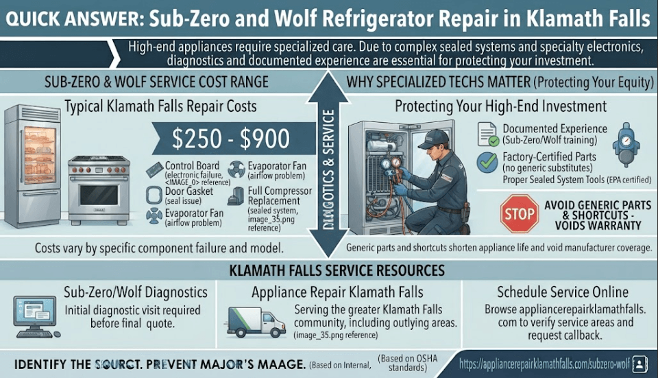 A specialized appliance repair infographic for Klamath Falls, OR, outlining typical repair cost ranges ($250–$900) for Sub-Zero refrigerators and Wolf ovens, highlighting sealed system diagnostics and the importance of factory-certified parts.