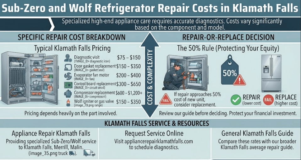 A detailed pricing and decision-making infographic for Klamath Falls, OR, breaking down specific repair cost ranges for Sub-Zero refrigerators and Wolf appliances, and applying the 50% repair-or-replace rule.