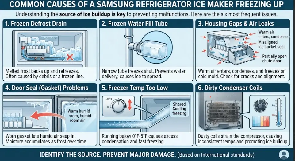 An appliance troubleshooting infographic outlining six common causes of Samsung refrigerator ice maker freeze-ups, including frozen defrost drains, blocked fill tubes, housing air gaps, and worn door gaskets.