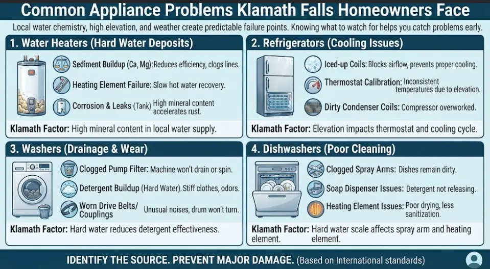 A regional appliance diagnostic and failure analysis infographic for Klamath Falls, OR, mapping out how local hard water chemistry, elevation, and climate impact water heaters, refrigerators, washers, and dishwashers.