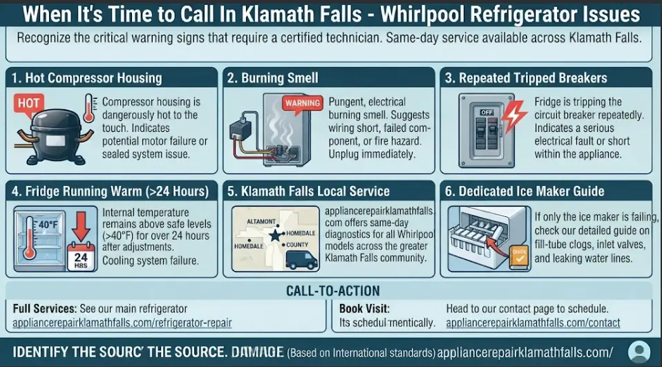 A critical warning signs and professional service infographic for Klamath Falls, OR, highlighting when to call a certified technician for Whirlpool refrigerators—including hot compressors, burning smells, tripped breakers, and prolonged warm temperatures.