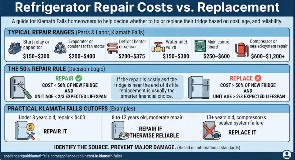 Refrigerator repair vs. replacement infographic for Klamath Falls, Oregon showing typical part and labor costs ranging from $150 (start relay) to $1,200+ (sealed system repairs), highlighting the 50% repair-vs-replacement rule and age-based guidelines for deciding when to replace older units.