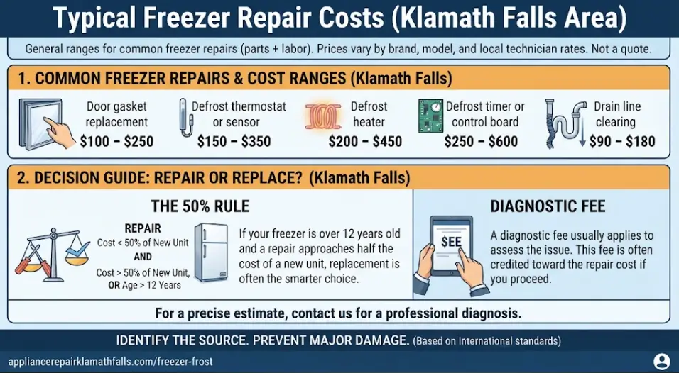 A freezer repair cost and decision guide infographic for Klamath Falls, OR, breaking down typical parts and labor ranges from $90 drain line clearings to $600 control boards, alongside diagnostic fees and the 50% replacement rule.