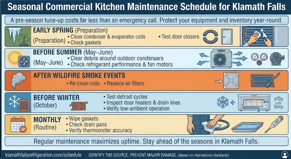 A seasonal commercial kitchen refrigeration maintenance schedule for Klamath Falls, OR, outlining early spring, pre-summer, post-wildfire smoke, winter, and monthly upkeep tasks.