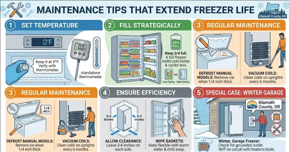 Infographic displaying maintenance tips to extend freezer life in Klamath County, including temperature settings, coil cleaning, and winter garage care.