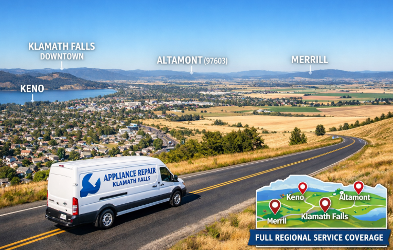 Our Appliance repair service van driving through Klamath Falls, Altamont, Merrill, and Keno service areas.