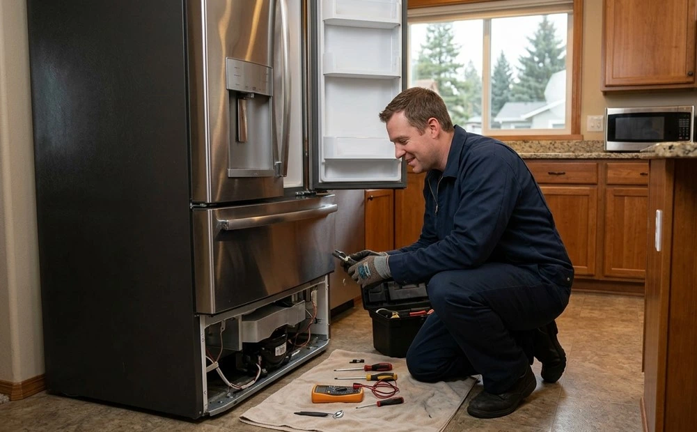 Local appliance repair expert diagnosing a broken refrigerator in a Klamath Falls home