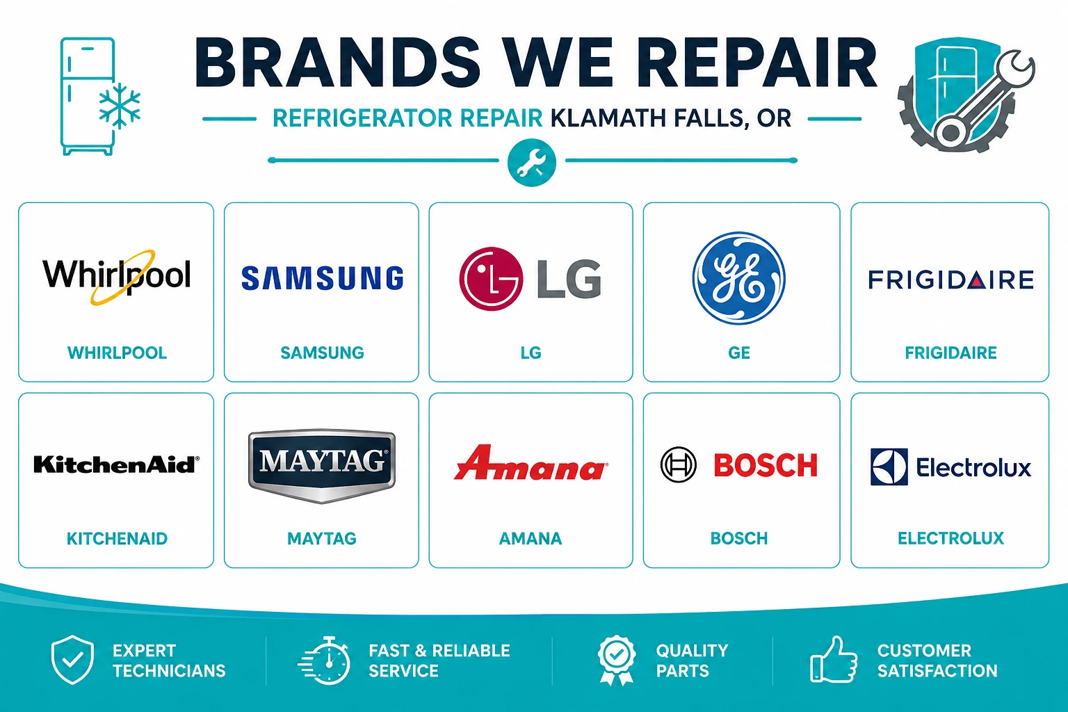 Major refrigerator brands repaired by Appliance Repair Klamath Falls including Whirlpool, Samsung, LG, GE, Frigidaire, KitchenAid, Maytag, Amana, Bosch, and Electrolux.