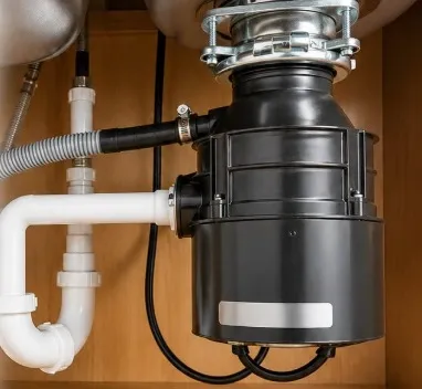 Professional technician performing garbage disposal repair in a Klamath Falls, OR kitchen.