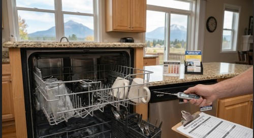 A technician reviewing a cost estimation clipboard next to an open dishwasher with a Klamath Falls, Oregon mountain view in the background.