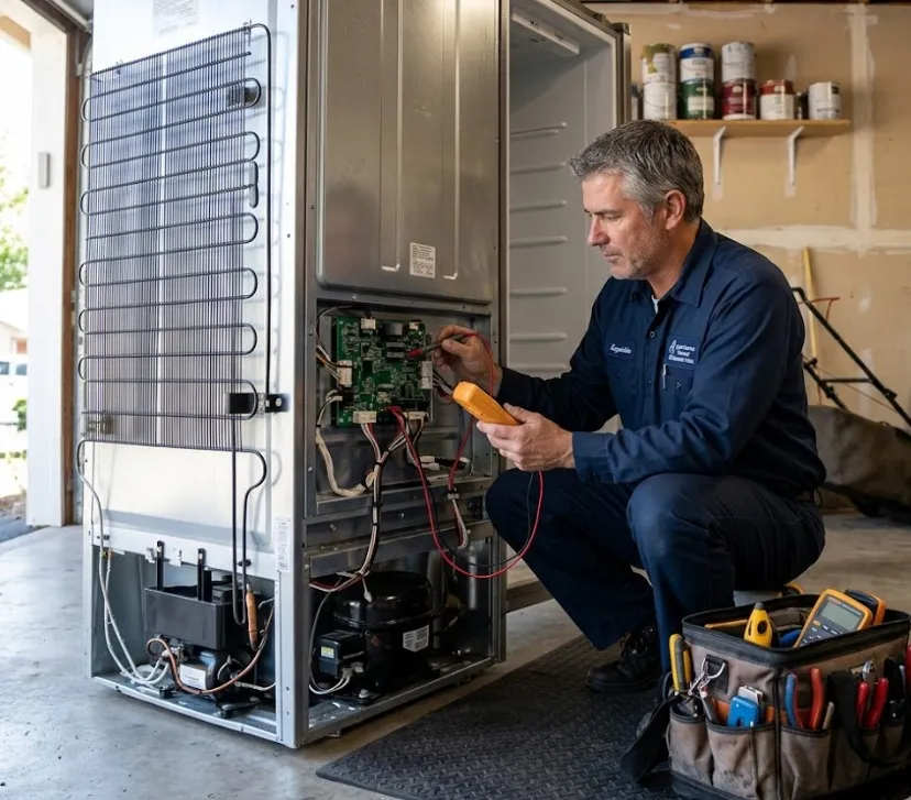 Professional technician repairing a refrigerator in a Klamath Falls, OR home to restore reliable cooling performance.