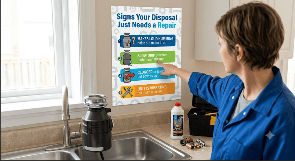 Infographic showing key signs a garbage disposal needs repair including humming motor, slow drips, jams, and excessive vibration"