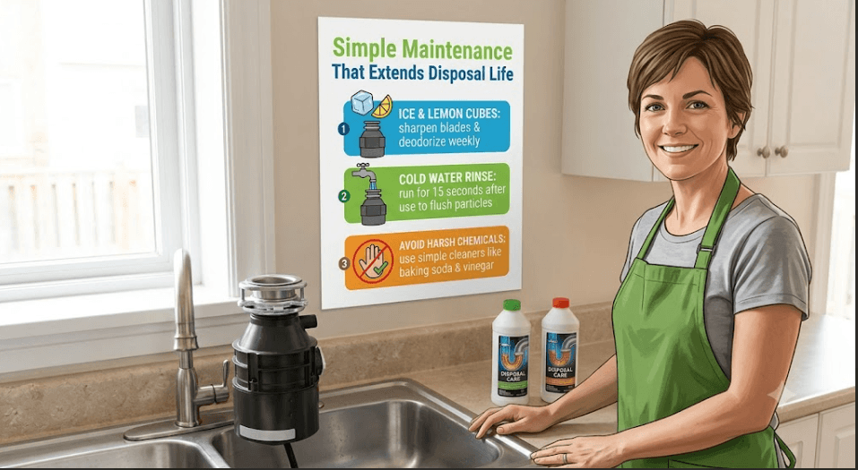 "Infographic illustrating three tips for extending garbage disposal life: grinding ice and lemon cubes, running cold water, and avoiding harsh chemicals."