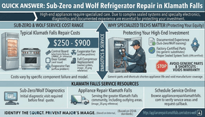 A specialized appliance repair infographic for Klamath Falls, OR, outlining typical repair cost ranges ($250–$900) for Sub-Zero refrigerators and Wolf ovens, highlighting sealed system diagnostics and the importance of factory-certified parts.