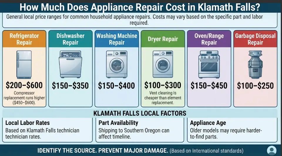 A local service pricing guide infographic for Klamath Falls, OR, breaking down average repair cost ranges for major household appliances including refrigerators, dishwashers, washing machines, dryers, ovens, and garbage disposals.