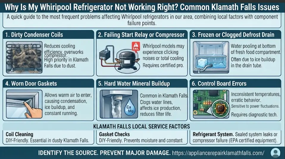 A comprehensive diagnostic infographic for Whirlpool refrigerator issues in Klamath Falls, OR, detailing six common problems: dirty condenser coils, start relay failure, clogged defrost drain, worn door gaskets, hard water mineral buildup, and control board errors, along with local service factors.