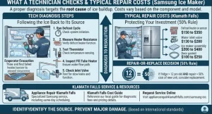 An appliance repair infographic detailing technician diagnostic steps for Samsung ice makers, component replacement cost ranges, and the 50% repair-or-replace rule in Klamath Falls, OR.