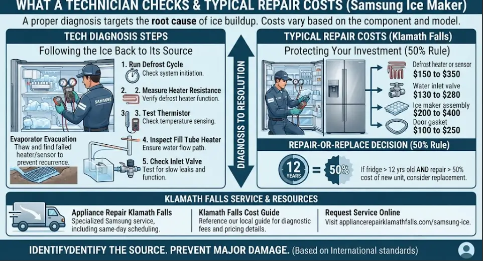 An appliance repair infographic detailing technician diagnostic steps for Samsung ice makers, component replacement cost ranges, and the 50% repair-or-replace rule in Klamath Falls, OR.