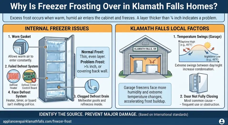 A freezer frosting causes and diagnostic infographic for Klamath Falls, OR, highlighting worn door gaskets, failed defrost heaters and control boards, clogged defrost drains, and garage freezer temperature swings.Freezer frosting over in Klamath Falls?
