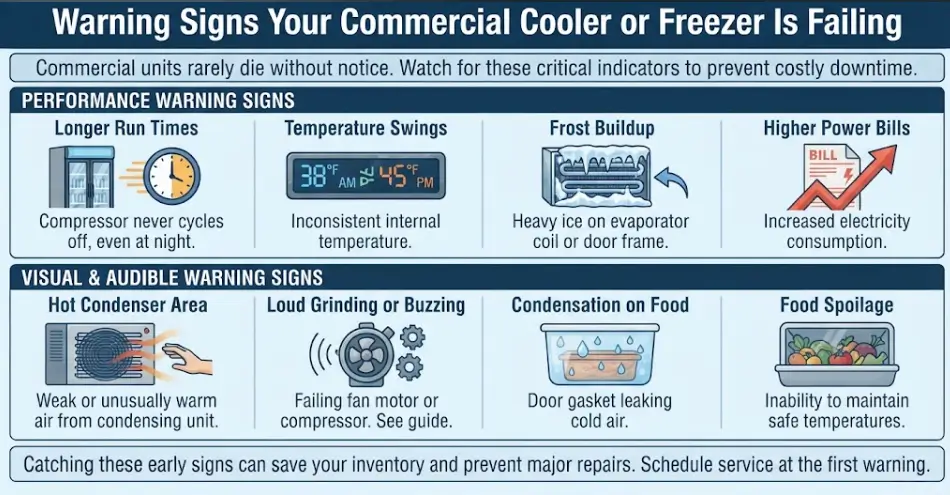 A commercial refrigeration failure and warning sign infographic highlighting longer run times, temperature swings, frost buildup, loud noises, and high power bills.Commercial Refrigeration Repair in Klamath Falls: A Restaurant Owner's Guide