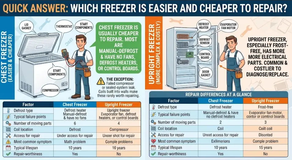 Infographic comparing chest vs upright freezer repair costs, failure points, and lifespan.freezer repair in Klamath Falls